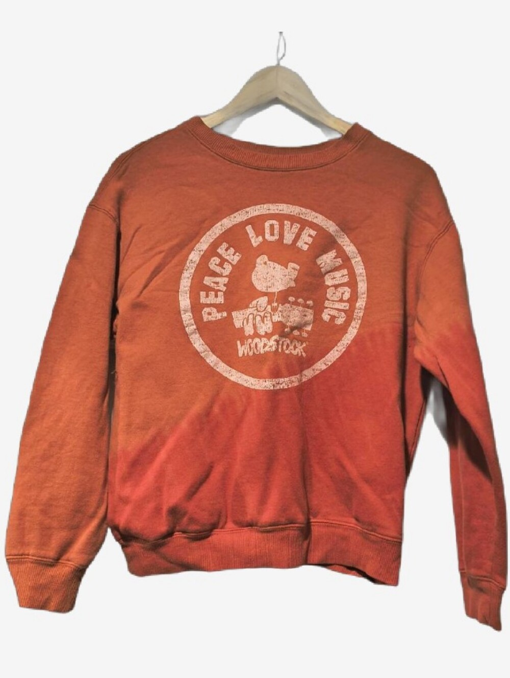 Woodstock Peace Love Music Dip Dye Ombre Orange Crewneck Sweater M